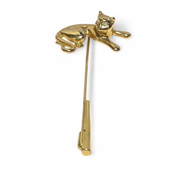 Vintage Gold-Tone Cat Themed Hat Pin With Clear Crystal Rhinestone Eyes 2" - Picture 1 of 6